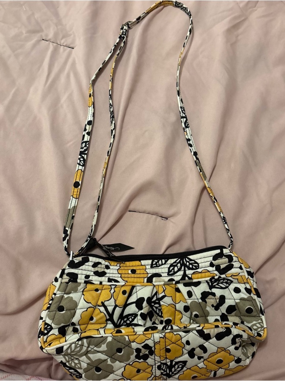 Vintage Vera Bradley Quilted Floral Crossbody Bag in Yellow and Black
